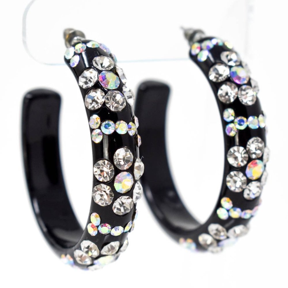 2" Flower Pattern Black Lucite Rhinestone Earrings new never worn